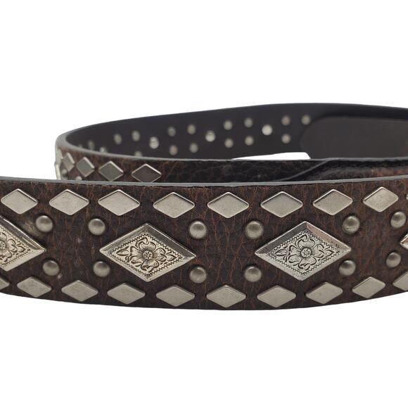 Ariat Dark Brown Leather Belt 38/95 Diamond Silver Tone Stud Tooled Buckle - Picture 10 of 13